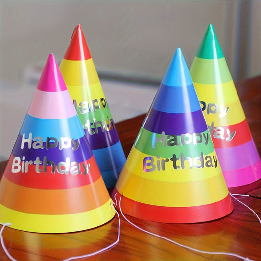 Pack of 10 Rainbow Happy Birthday Party Hats, Disposable Paper Cone Hats for Birthday Celebrations, Vibrant Multi-Color Design, Unisex Party Supplies, No Assembly Required