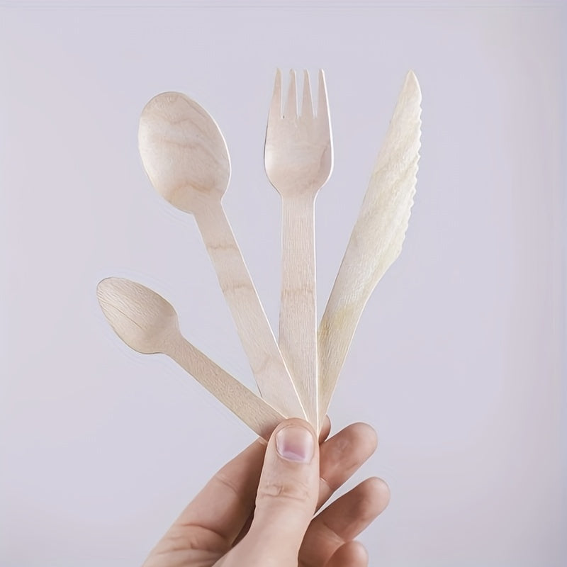 200pcs disposable knife, fork and spoon set, made of high-quality birch wood, biodegradable and compostable, a set consisting of 50 knives + 50 forks + 50 spoons + 50 dessert spoons