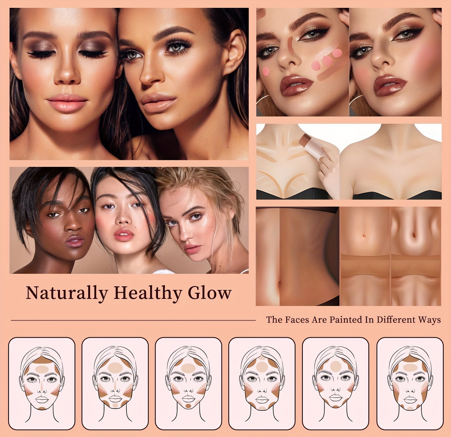 Flawless 3pcs Makeup Set: Contour, Blush & Highlighter Sticks with Brush - Waterproof, Long-Lasting Cream Formula for All Skin Tones - Perfect Gift for Halloween, Thanksgiving & Christmas