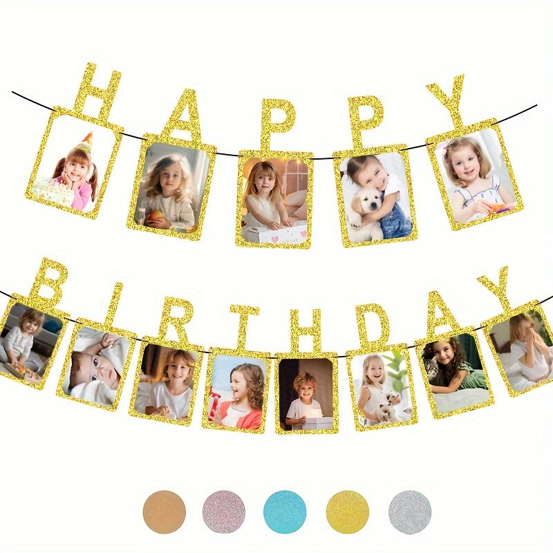 Decorative Birthday Photo Banner, Birthday Party Flag, Photo Wall Decorations, HAPPY BIRTHDAY Banner With String