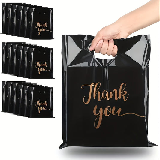 100-Pack Premium Black PE Thank You Bags - Reusable Water-Resistant Polyethylene Retail Shopping Bags with Die Cut Handles - Versatile Gift Bags Ideal for Boutiques, Parties, and Holiday Gifts