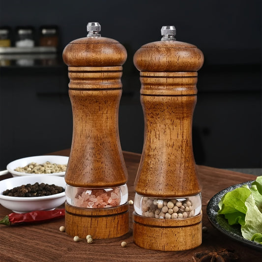 2pcs Adjustable Wooden Pepper & Sea Salt Grinders - Durable Rubber Wood Spice Mills with Transparent Acrylic Tops, Ideal for BBQ, Picnics, Camping - Perfect Valentine's Day Gift & Kitchen Decor, Spice Grinder