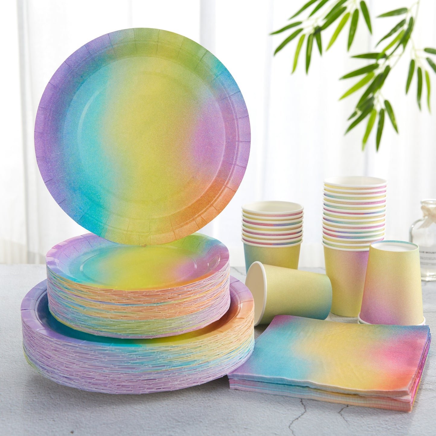 96-Piece Disposable Paper Tableware Set - Gradient Color Plates and Napkins for 24 Guests - Ideal for Birthday, Wedding, Party, and Picnic Supplies