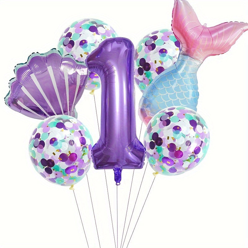 Mermaid Themed Birthday Balloon Set, 81.28 cm Purple Number Balloons, Princess Party Decor with Self-Sealing Mermaid Tail & Shell Balloons, Aluminum Film, Includes Curling Ribbon, Suitable for Birthday, Prom, Summer Party, Ph