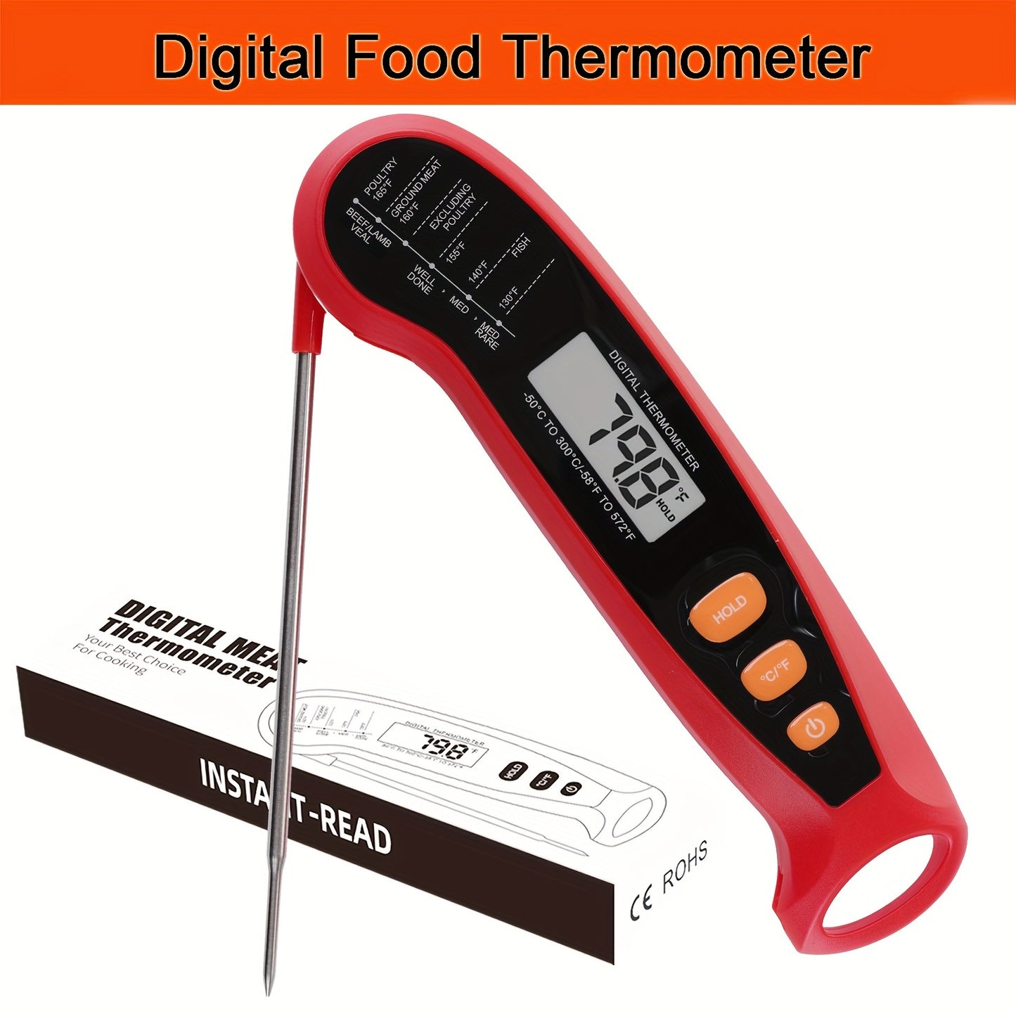 1pc Digital Kitchen Food Thermometer, Fast and Accurate Temperature Measurement, Foldable Design for Easy Storage, Metal Probe, Digital Display, Single Use, Suitable for Food Contact, Requires 1 AAA Battery (Not Included)