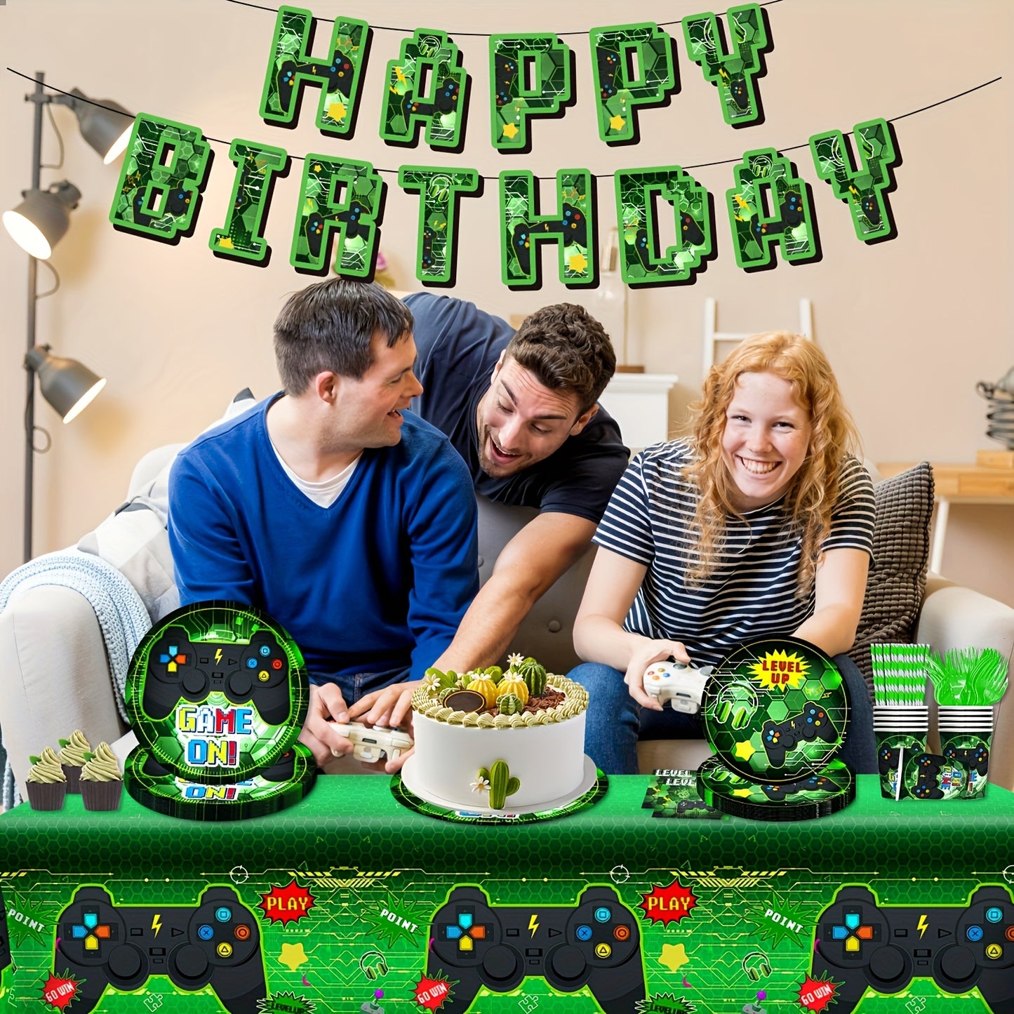 98pcs, Paper Green Video Game Theme Birthday Party Flag Cutlery Set, Includes Game Birthday Flag Banner, Dinner Plates Napkins Cups Straws Forks Tablecloth Supplies, Suitable for Game Theme Birthday Party Cutlery Set