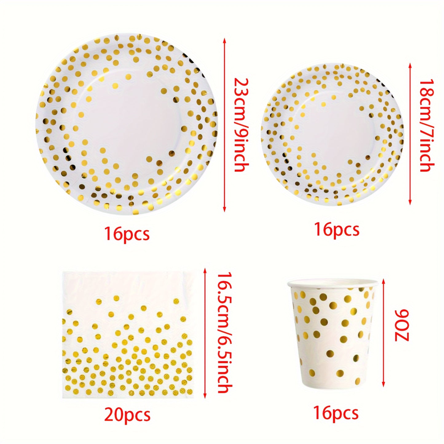 68pcs White And Golden Disposable Party Supplies Set, Golden Dot on White Paper Plates, Napkins, And Cups, for Wedding, Baby Shower, Birthday, Graduation, And General Use, Paper Material, No Power Required