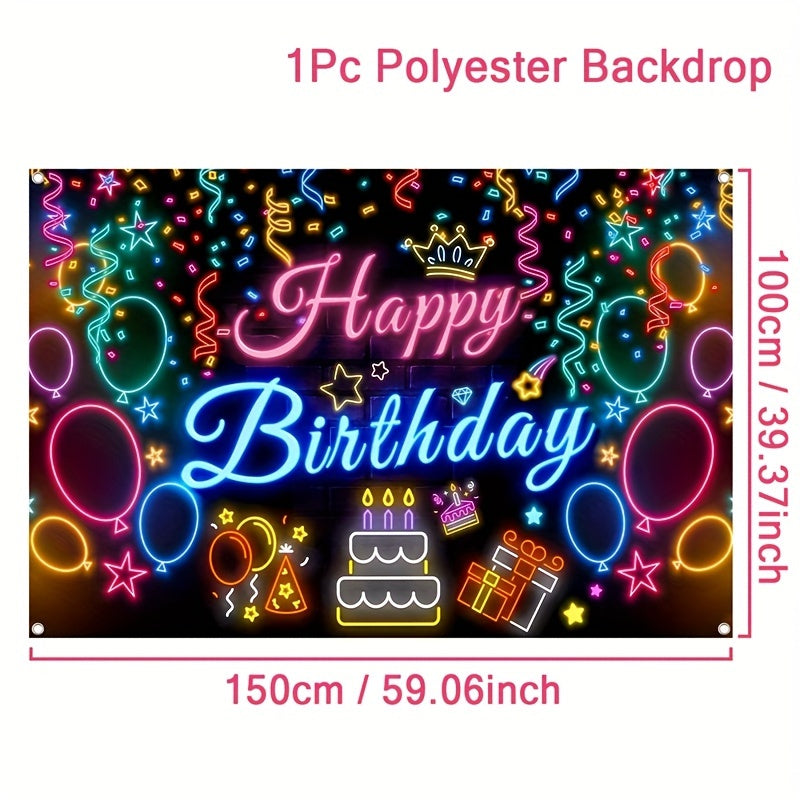 1Pc Neon Glow Happy Birthday Banner, Polyester Party Decoration Backdrop, Vibrant Balloon and Neon Light Design, Ideal for Birthday Celebration, Wedding & Bridal Shower – Power-Free Festive Decor