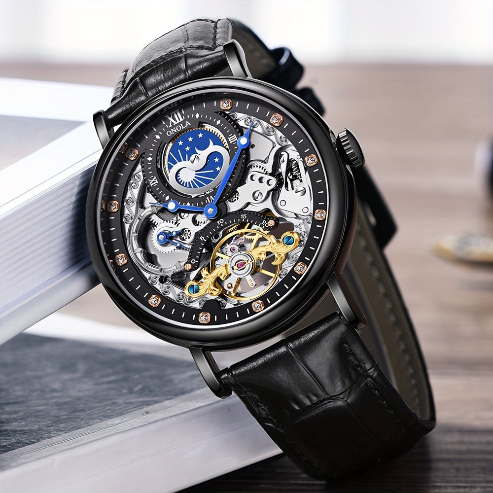 ONOLA Men's Luxury Tourbillon Watch - Double-Sided, Luminous Rhinestone, Waterproof with Faux Leather Strap, Automatic Mechanical Movement