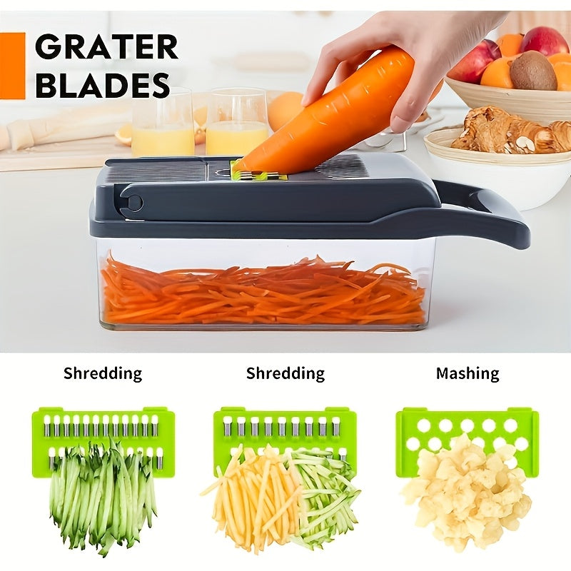 1 Set 16-in-1 Manual Vegetable Chopper, with 8 Blades, Container, Peeler and Filter, Easy to Prepare Meals, Professional Onion, Carrot and Garlic Slicer, Kitchen Supplies