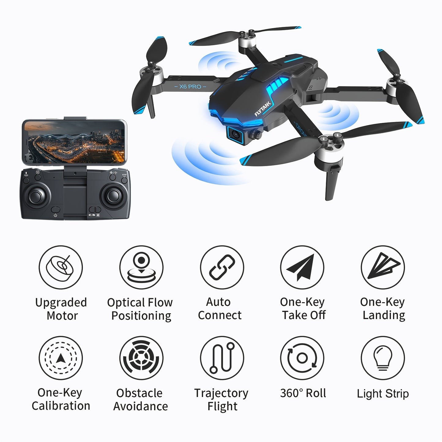 FLYTANK X6 PRO Foldable Drone with Brushless Motors, Dual 720p Cameras, Obstacle Avoidance, Wi-Fi, Infrared Sensor, 750mAh Battery, 30m Max Altitude, 9m/s Speed, 133g Max Takeoff Weight, Includes Carrying Bag - Outdoor Beginn