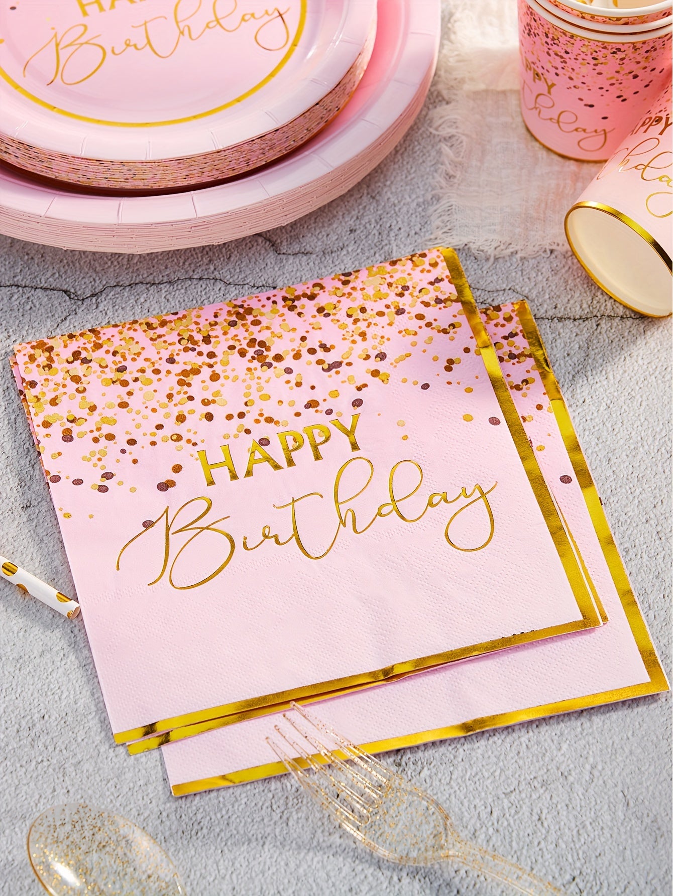 24pcs/Set of Pink Napkins, 33.02*33.02 cm Disposable Double-Layer Pink Napkins, Golden Happy Birthday Pattern Napkins, Suitable for Birthday Celebration Party Supplies Decorative Party Napkins