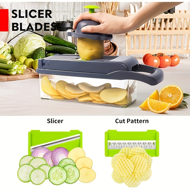 1 Set 16-in-1 Manual Vegetable Chopper, with 8 Blades, Container, Peeler and Filter, Easy to Prepare Meals, Professional Onion, Carrot and Garlic Slicer, Kitchen Supplies