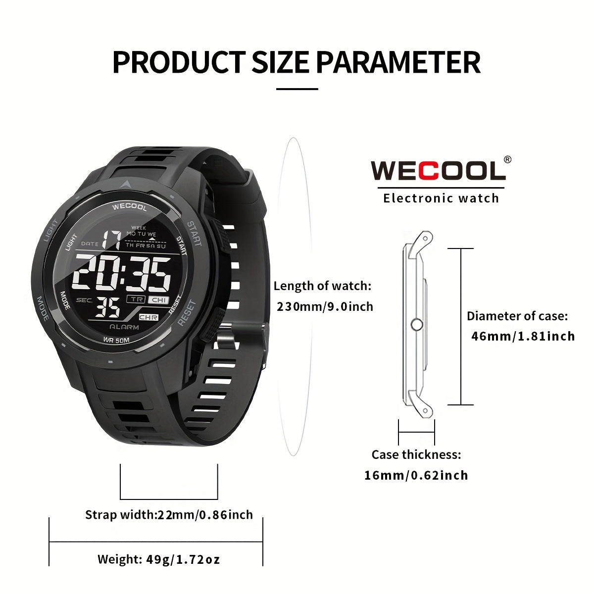 WECOOL Men'S Sports Digital Watch with Chronograph, LED Luminous, Calendar, Alarm, 50m Water Resistant, Round Plastic Case, TPU Strap, Electronic Movement, Battery Powered