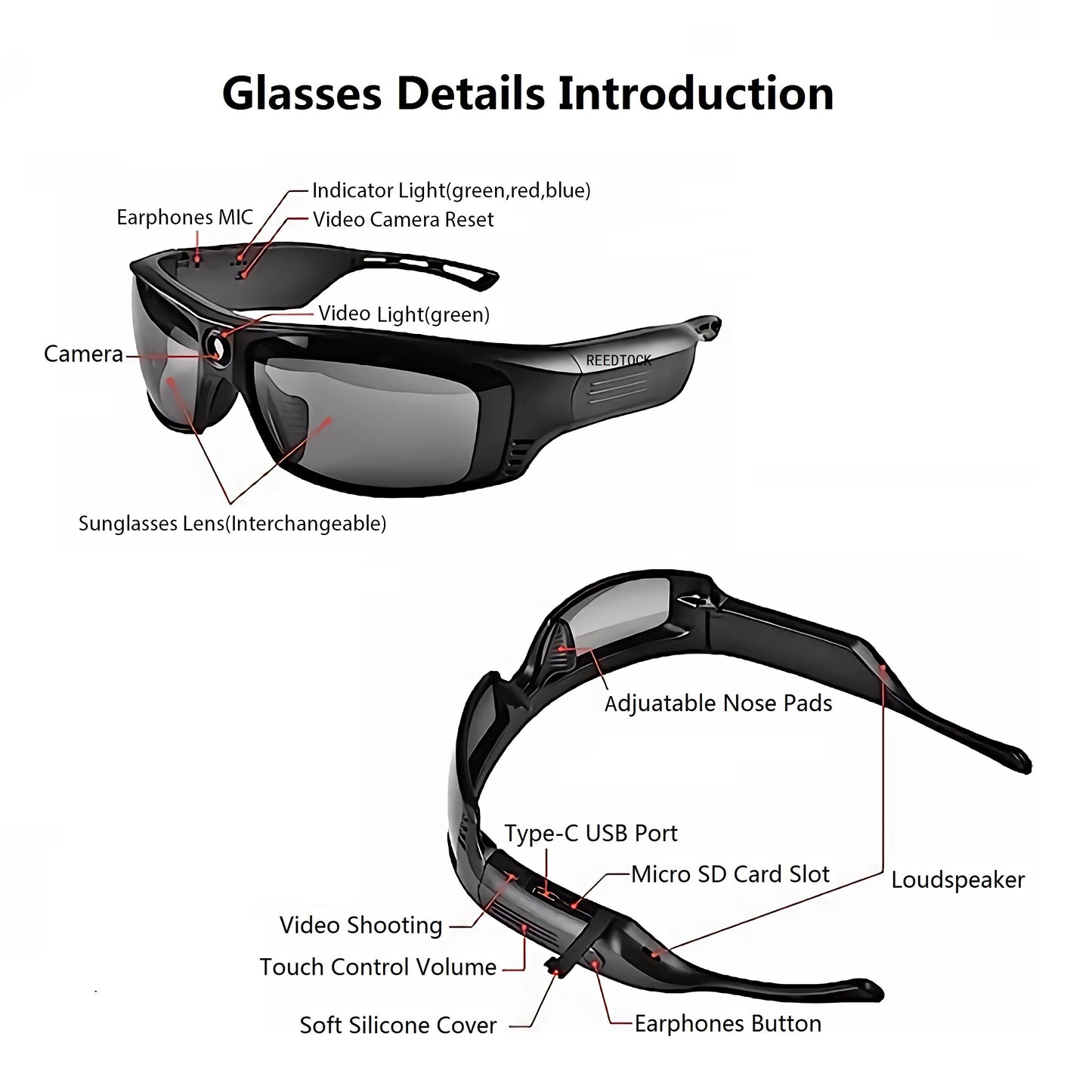 Smart Music Camera Glasses HD 1080P Smart Sunglasses Video Glasses, Wireless Earphones, Open Ear Headphones, Sports Action Camera For Biking, Skiing, Motorcycling, Fishing, Travelling