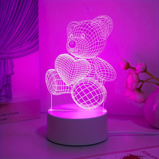 Modern 3D Teddy Bear Illusion Night Light, USB Powered Touch Control 7-Color LED Tabletop Lamp, Plastic Uplight for Bedroom, Home Office, Bedside - Cord Included, No Battery Needed