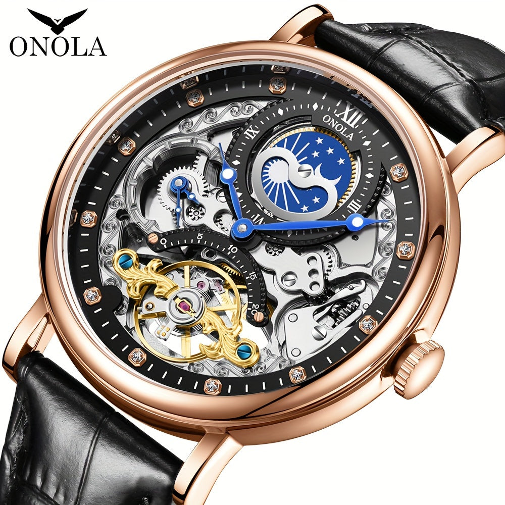 ONOLA Men's Luxury Tourbillon Watch - Double-Sided, Luminous Rhinestone, Waterproof with Faux Leather Strap, Automatic Mechanical Movement