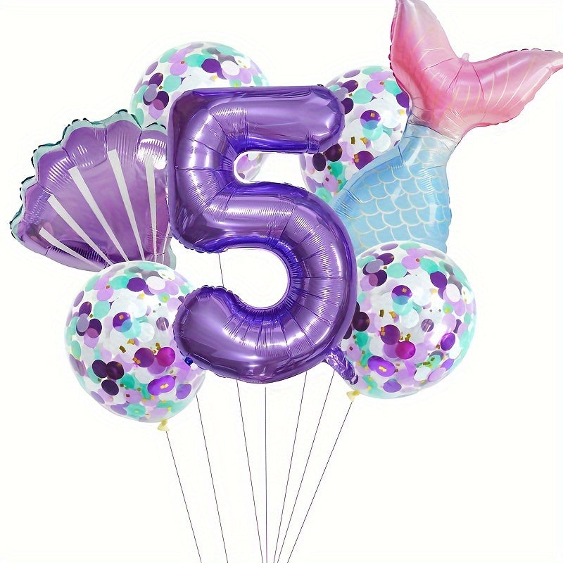 Mermaid Themed Birthday Balloon Set, 81.28 cm Purple Number Balloons, Princess Party Decor with Self-Sealing Mermaid Tail & Shell Balloons, Aluminum Film, Includes Curling Ribbon, Suitable for Birthday, Prom, Summer Party, Ph