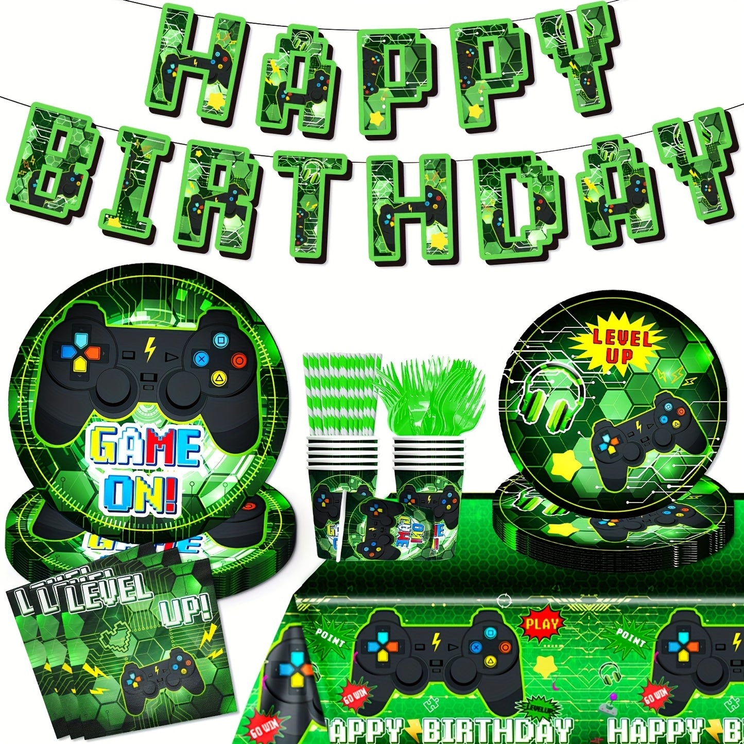 98pcs, Paper Green Video Game Theme Birthday Party Flag Cutlery Set, Includes Game Birthday Flag Banner, Dinner Plates Napkins Cups Straws Forks Tablecloth Supplies, Suitable for Game Theme Birthday Party Cutlery Set