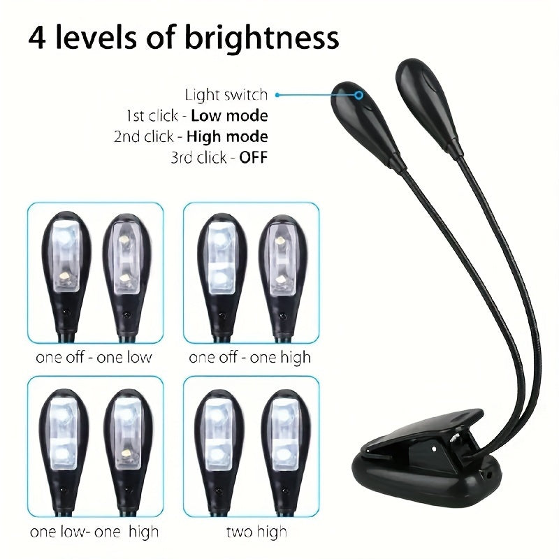 1pc Adjustable 4-LED Reading Light with Clip - Portable, Battery-Powered Desk Lamp, Flexible Arm for Night Readers, Ideal for Travel & Bedroom Use, Sleek Black Design, Lamp for Bedroom