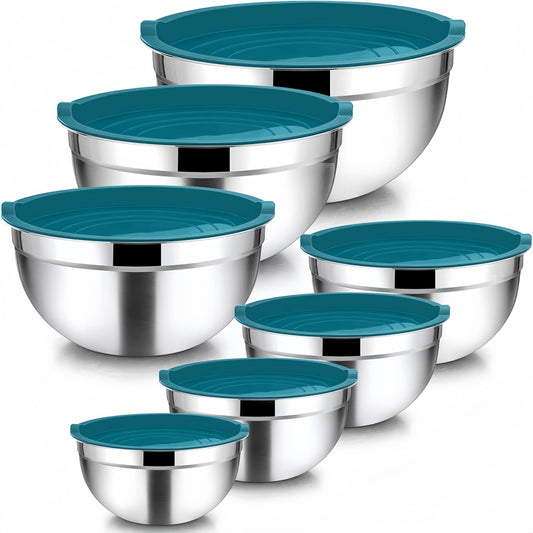 14-Piece Stainless Steel Mixing Bowls with Blue Lids - Perfect for Baking, Cooking, and Food Preparation - Nests for Easy Storage and Space-Saving in the Kitchen - Suitable for Dishwasher Cleaning - Includes Salad Bowls, Egg