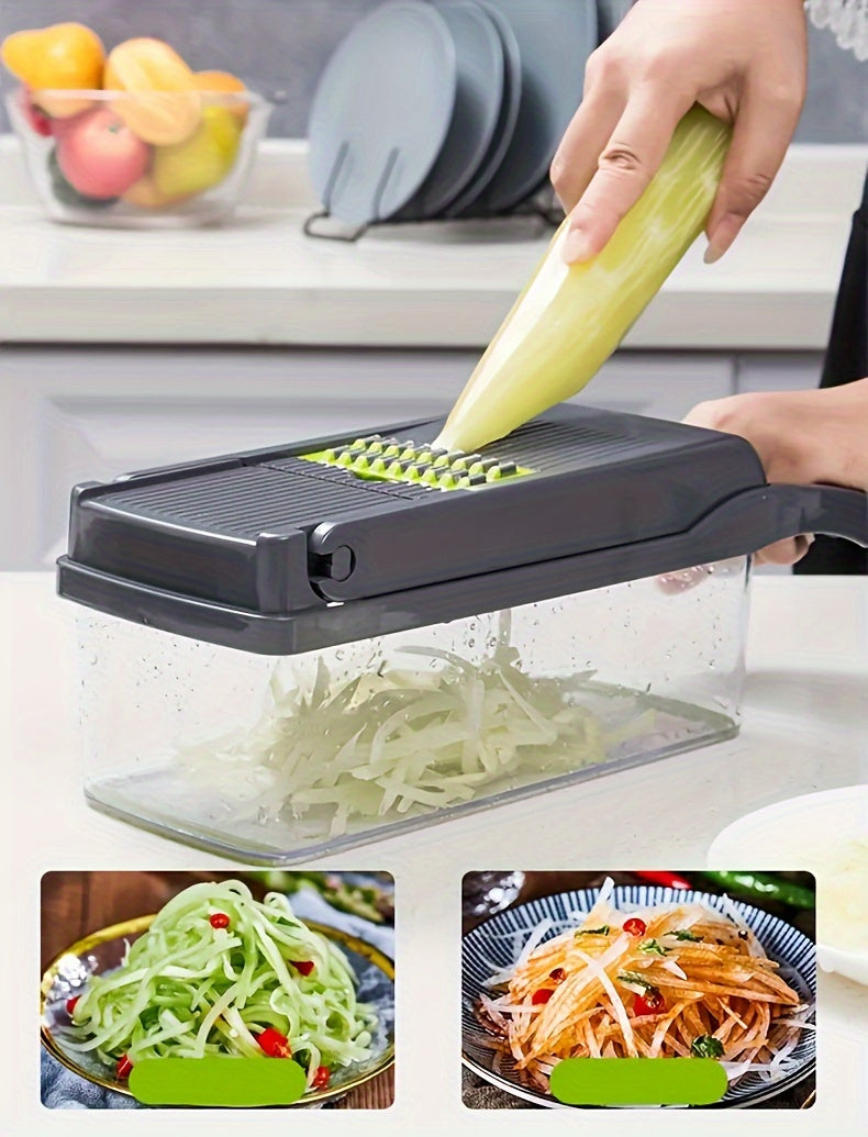 1 Set 16-in-1 Manual Vegetable Chopper, with 8 Blades, Container, Peeler and Filter, Easy to Prepare Meals, Professional Onion, Carrot and Garlic Slicer, Kitchen Supplies