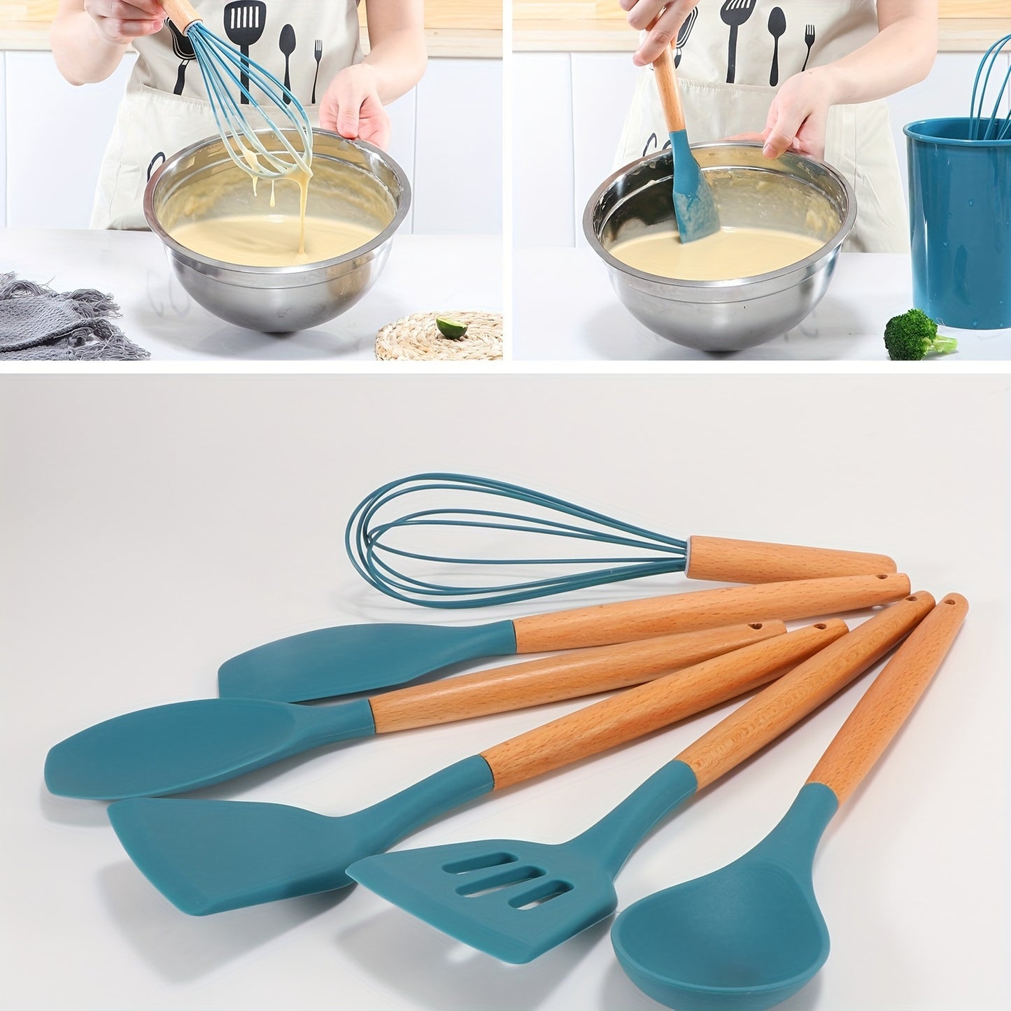 12pcs Silicone Kitchen Utensil Set with Wooden Handles - Heat Resistant Cooking Tools Including Turner, Tongs, Spatula, Spoon, Brush, Whisk - BPA Free Grey Kitchen Gadgets with Holder for Nonstick Pans