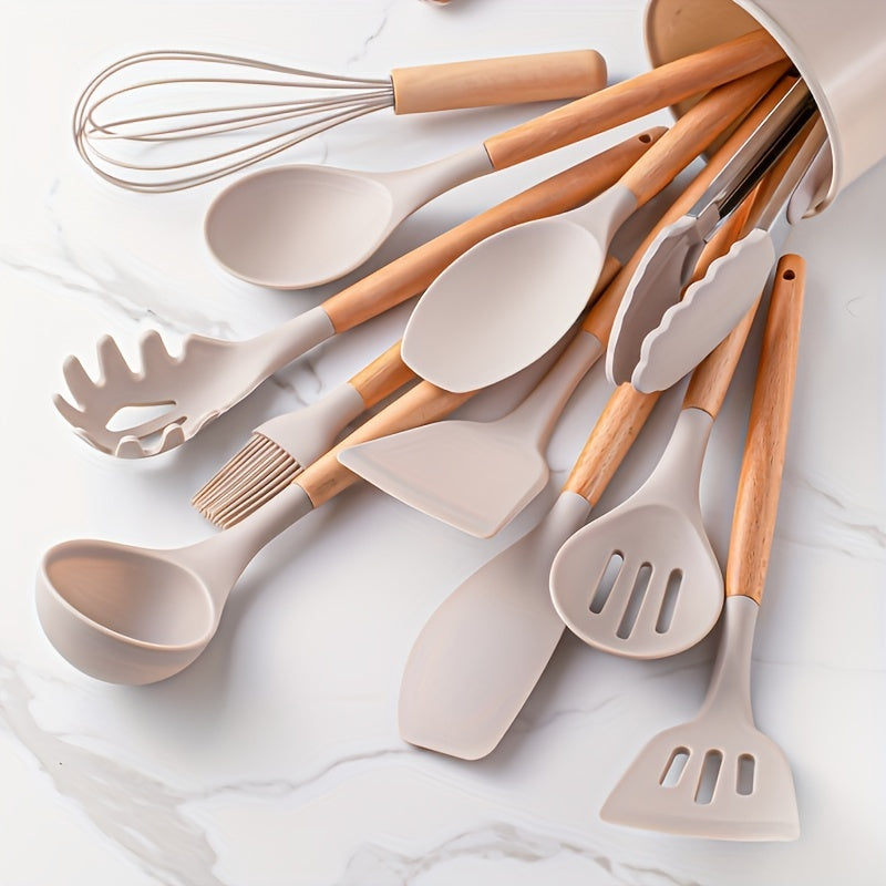 12pcs Silicone Kitchen Utensil Set with Wooden Handles - Heat Resistant Cooking Tools Including Turner, Tongs, Spatula, Spoon, Brush, Whisk - BPA Free Grey Kitchen Gadgets with Holder for Nonstick Pans