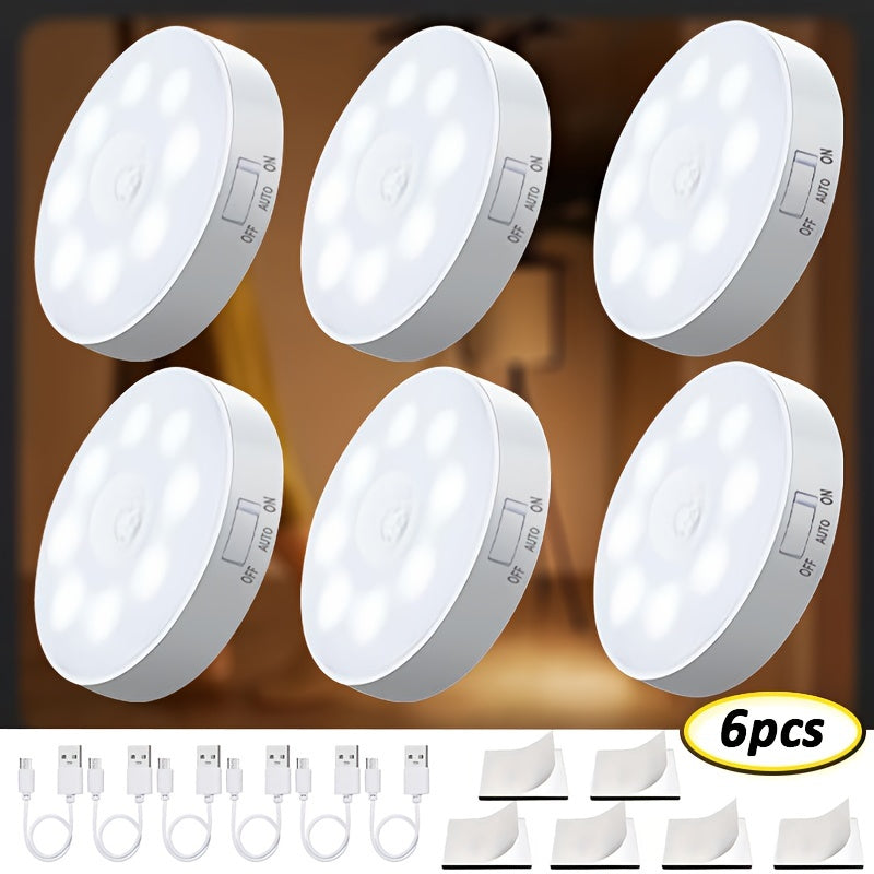 AMill 6-Pack LED Step Lights with Smart Dual Sensor - Motion and Light Activated, Polished Plastic Sconce with PVC Shade, Rechargeable 250mAh Lithium Battery, Wireless, Semi-Flush Mount, Indoor Night Light for Staircase, Bedr