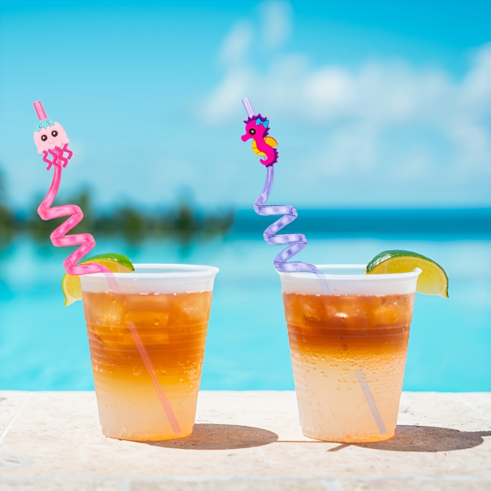 10 Pcs Reusable Plastic Straws with Ocean Animal Toppers - Perfect for Summer Parties, Birthdays, and More!