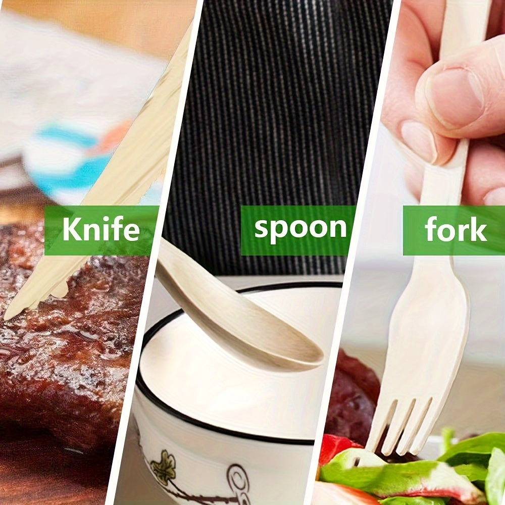 200pcs disposable knife, fork and spoon set, made of high-quality birch wood, biodegradable and compostable, a set consisting of 50 knives + 50 forks + 50 spoons + 50 dessert spoons