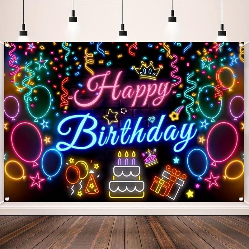 1Pc Neon Glow Happy Birthday Banner, Polyester Party Decoration Backdrop, Vibrant Balloon and Neon Light Design, Ideal for Birthday Celebration, Wedding & Bridal Shower – Power-Free Festive Decor