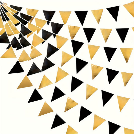 1set, Black And Golden Party Decorations Triangle Pennant Banner Flag Metallic Fabric Bunting Garland For Birthday Graduation Anniversary Wedding New Year's Eve Engagement Party Supplies