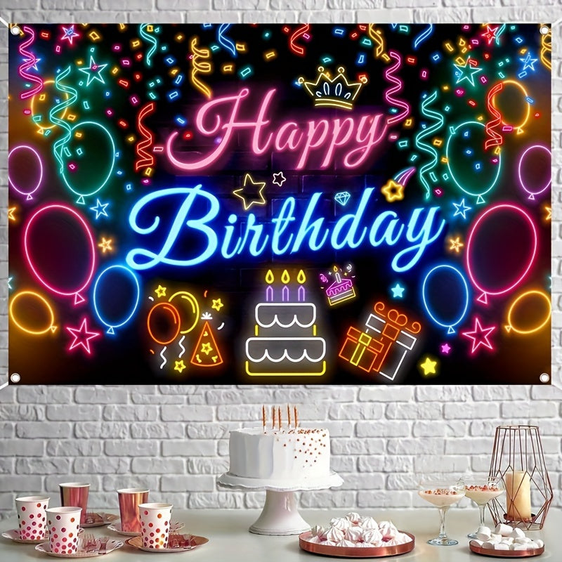 1Pc Neon Glow Happy Birthday Banner, Polyester Party Decoration Backdrop, Vibrant Balloon and Neon Light Design, Ideal for Birthday Celebration, Wedding & Bridal Shower – Power-Free Festive Decor