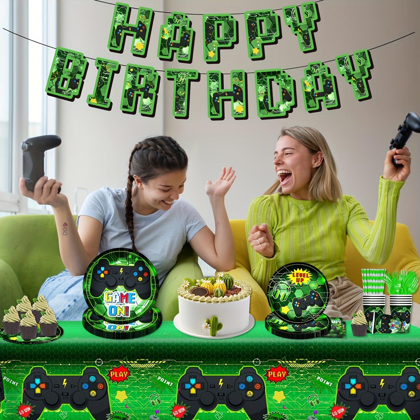 98pcs, Paper Green Video Game Theme Birthday Party Flag Cutlery Set, Includes Game Birthday Flag Banner, Dinner Plates Napkins Cups Straws Forks Tablecloth Supplies, Suitable for Game Theme Birthday Party Cutlery Set