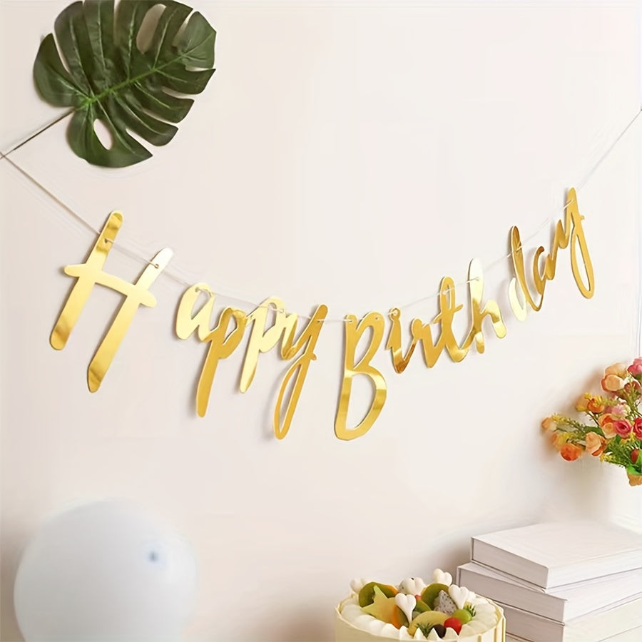 Golden Happy Birthday Letter Garland, Paper Party Banner for Home & Kitchen, Holiday Wall Decor, No Power Needed, Room Decoration for Birthday Celebrations