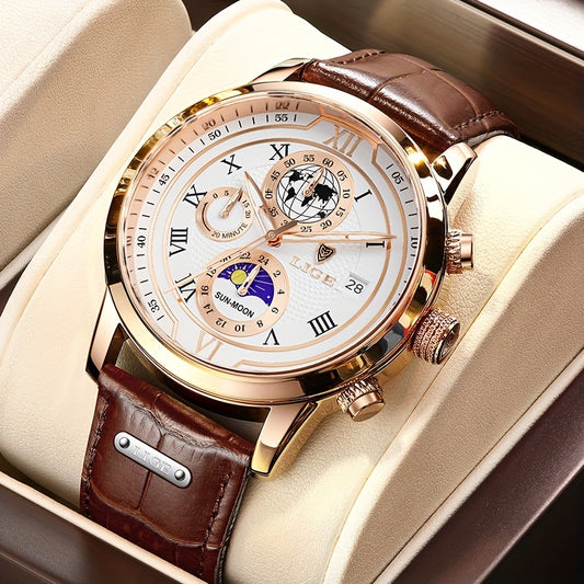 LIGE High-grade Men's Quartz Watch Men's Business Clock Multi-function Chronograph Watch 30m Life Lunar Phase Calendar Clock, Ideal choice for Gifts