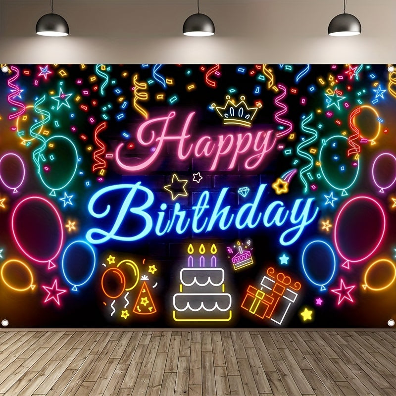 1Pc Neon Glow Happy Birthday Banner, Polyester Party Decoration Backdrop, Vibrant Balloon and Neon Light Design, Ideal for Birthday Celebration, Wedding & Bridal Shower – Power-Free Festive Decor