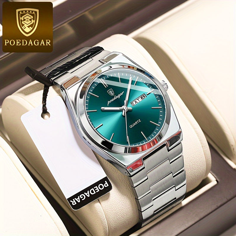 POEDAGAR Men's Luxury Stainless Steel Quartz Watch, Luminous with Calendar Feature, Business & Casual Style