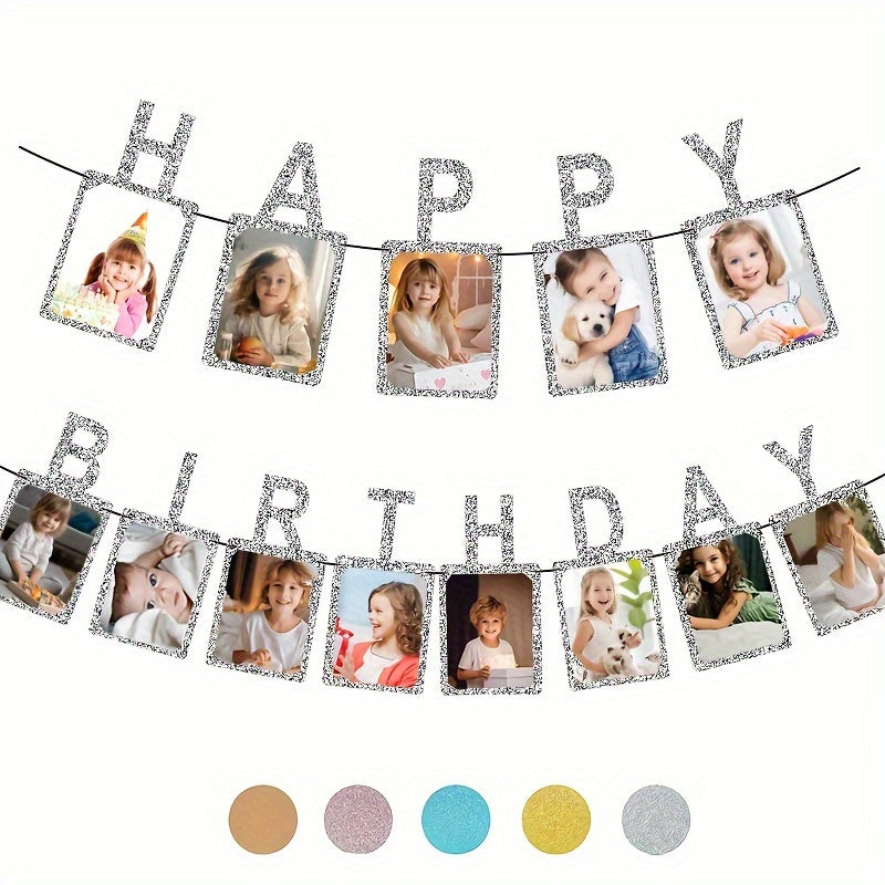 Decorative Birthday Photo Banner, Birthday Party Flag, Photo Wall Decorations, HAPPY BIRTHDAY Banner With String