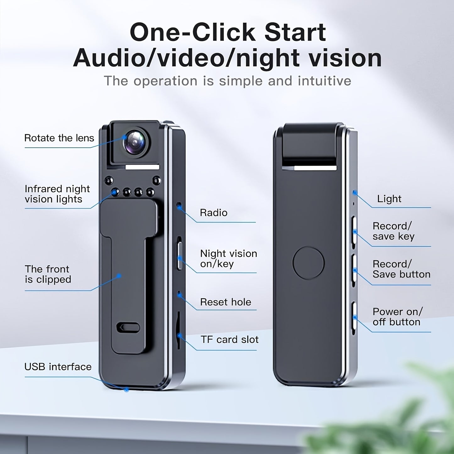 Mini 1080P HD Camera Recorder with Infrared Night Vision, USB Rechargeable Lithium Polymer Battery, PC Material, Push Button Control, Non-Waterproof, for Meetings, Travel, Pet Recording - 128GB Cloud Storage Capacity