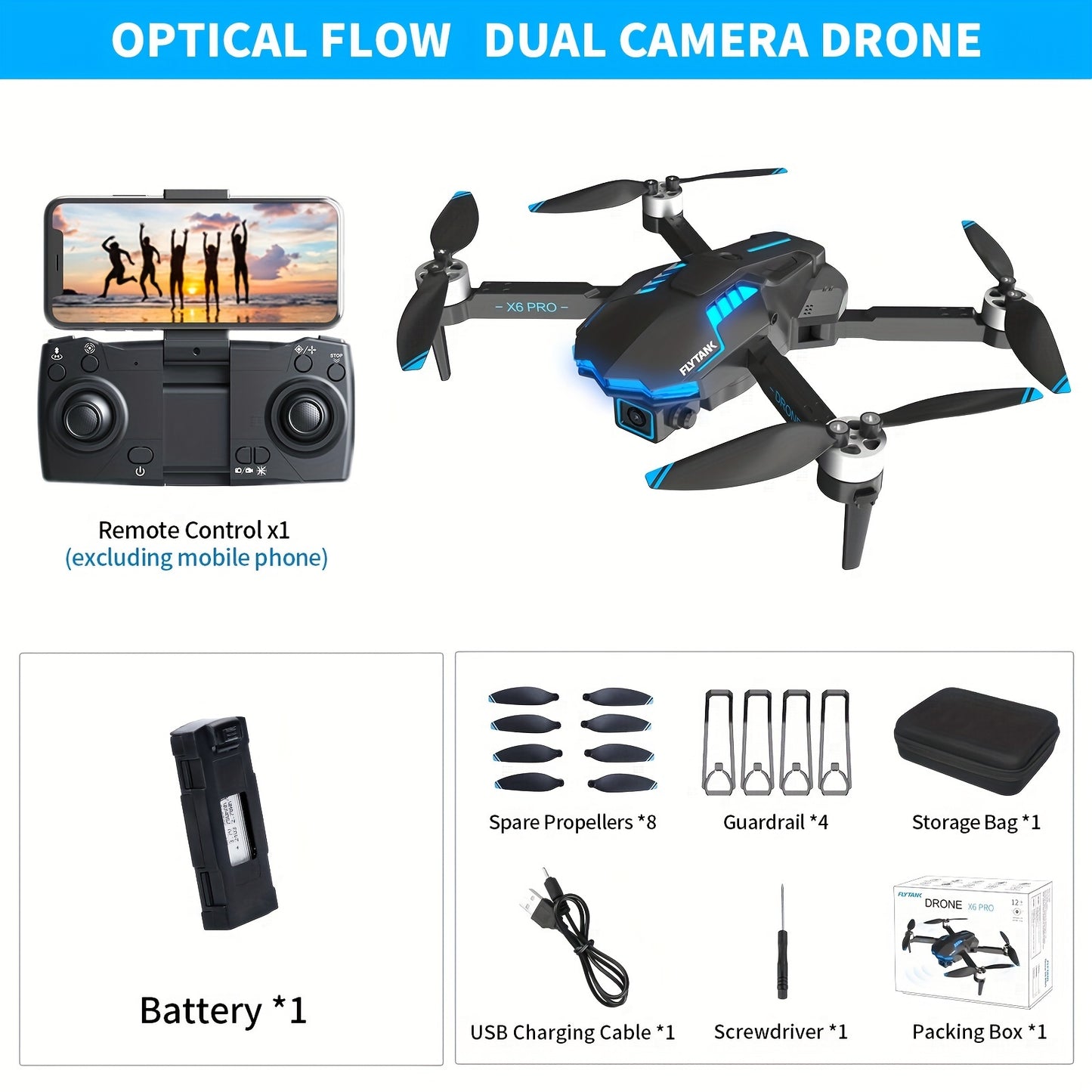 FLYTANK X6 PRO Dual Camera Drone, Brushless Motors, Optical Flow Positioning, Obstacle Avoidance, Wi-Fi, Infrared Sensor, 720p Video, Beginner Friendly, with 30m Max Flight Altitude, 9m/s Speed, 133g Takeoff Weight, 70m Contr