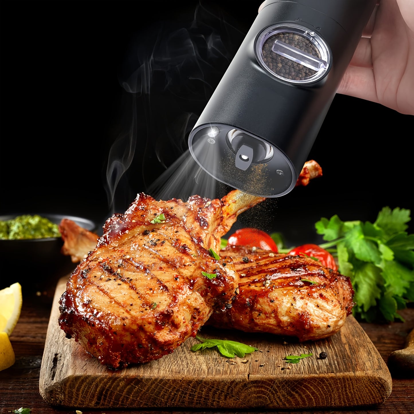 USB Rechargeable Electric Salt and Pepper Mill with LED Light - Adjustable Ceramic Grinder, Fine to Coarse Spice Crushing, Includes Cleaning Brush, Ideal for BBQ, Picnics & Kitchen Use - Sleek Black