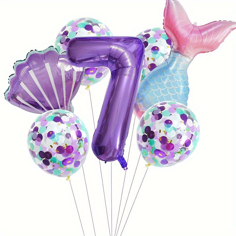 Mermaid Themed Birthday Balloon Set, 81.28 cm Purple Number Balloons, Princess Party Decor with Self-Sealing Mermaid Tail & Shell Balloons, Aluminum Film, Includes Curling Ribbon, Suitable for Birthday, Prom, Summer Party, Ph