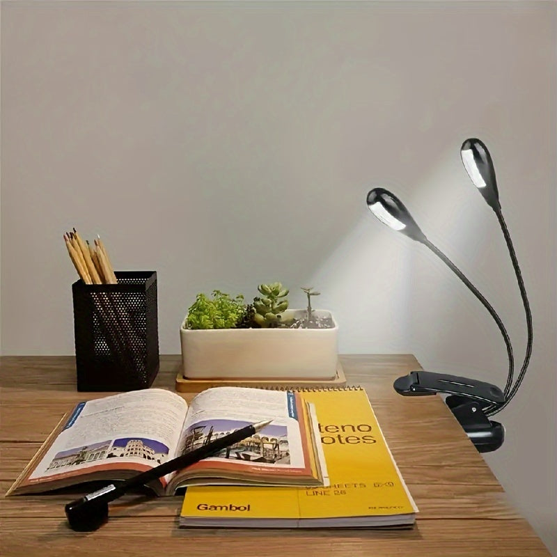 1pc Adjustable 4-LED Reading Light with Clip - Portable, Battery-Powered Desk Lamp, Flexible Arm for Night Readers, Ideal for Travel & Bedroom Use, Sleek Black Design, Lamp for Bedroom