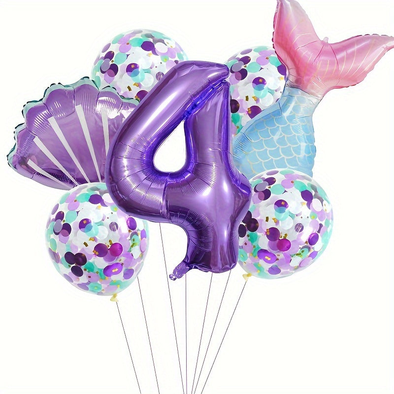 Mermaid Themed Birthday Balloon Set, 81.28 cm Purple Number Balloons, Princess Party Decor with Self-Sealing Mermaid Tail & Shell Balloons, Aluminum Film, Includes Curling Ribbon, Suitable for Birthday, Prom, Summer Party, Ph