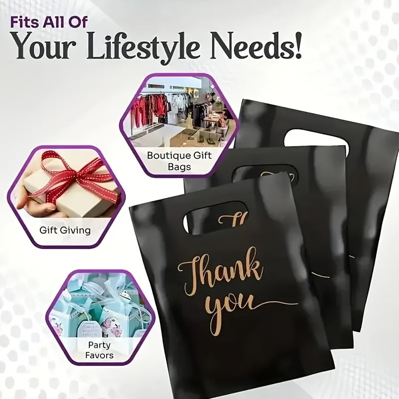 100-Pack Premium Black PE Thank You Bags - Reusable Water-Resistant Polyethylene Retail Shopping Bags with Die Cut Handles - Versatile Gift Bags Ideal for Boutiques, Parties, and Holiday Gifts