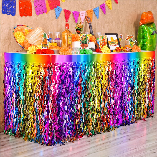 2pcs Sparkling Rainbow Metallic Foil Fringe Table Skirts - Perfect for Birthday, Wedding, Halloween & More - Easy Peel & Stick Setup