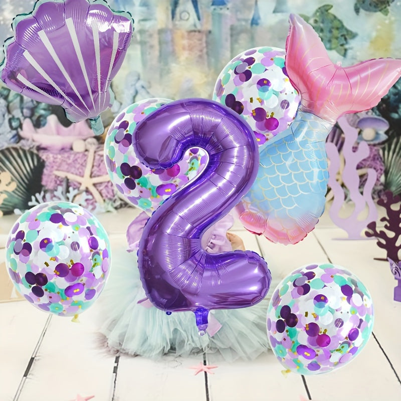 Mermaid Themed Birthday Balloon Set, 81.28 cm Purple Number Balloons, Princess Party Decor with Self-Sealing Mermaid Tail & Shell Balloons, Aluminum Film, Includes Curling Ribbon, Suitable for Birthday, Prom, Summer Party, Ph