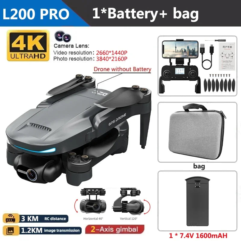 L200 PRO MAX Drone 4K Professional 2-Axis Gimbal 360° Obstacle Avoidance Brushless Motor GPS Quadcopter FPV RC Drones